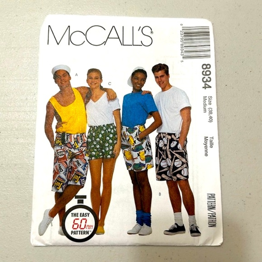 McCall’s Boxer Shorts Pattern Misses’, Men’s or Teen Boy’s No 8934 Size Medium